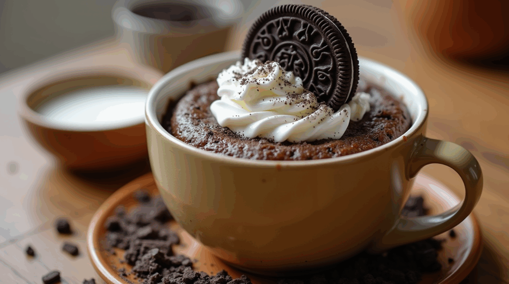 subject a freshly baked oreo mug cake in a ceramic mug style photorealistic food photography with hs9jd34nf9tifd0jq3qe 2
