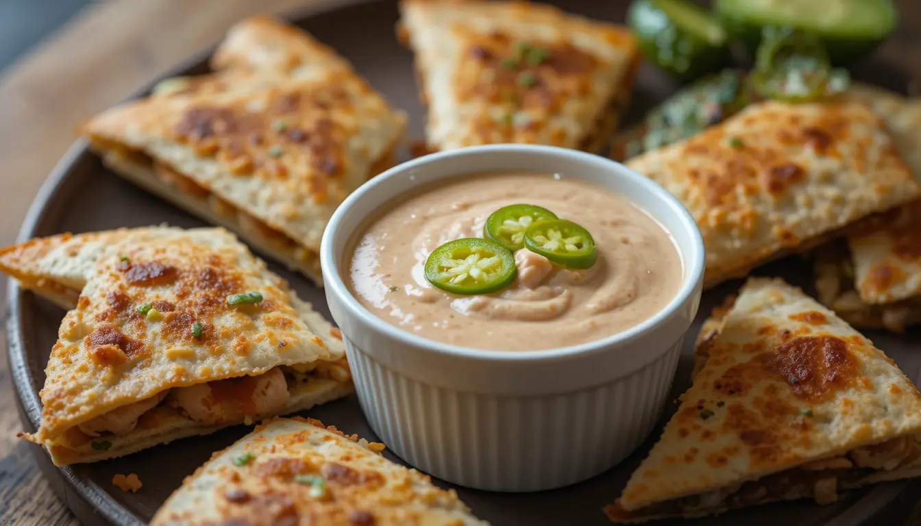 Copycat Taco Bell quesadilla sauce served with chicken quesadilla slices