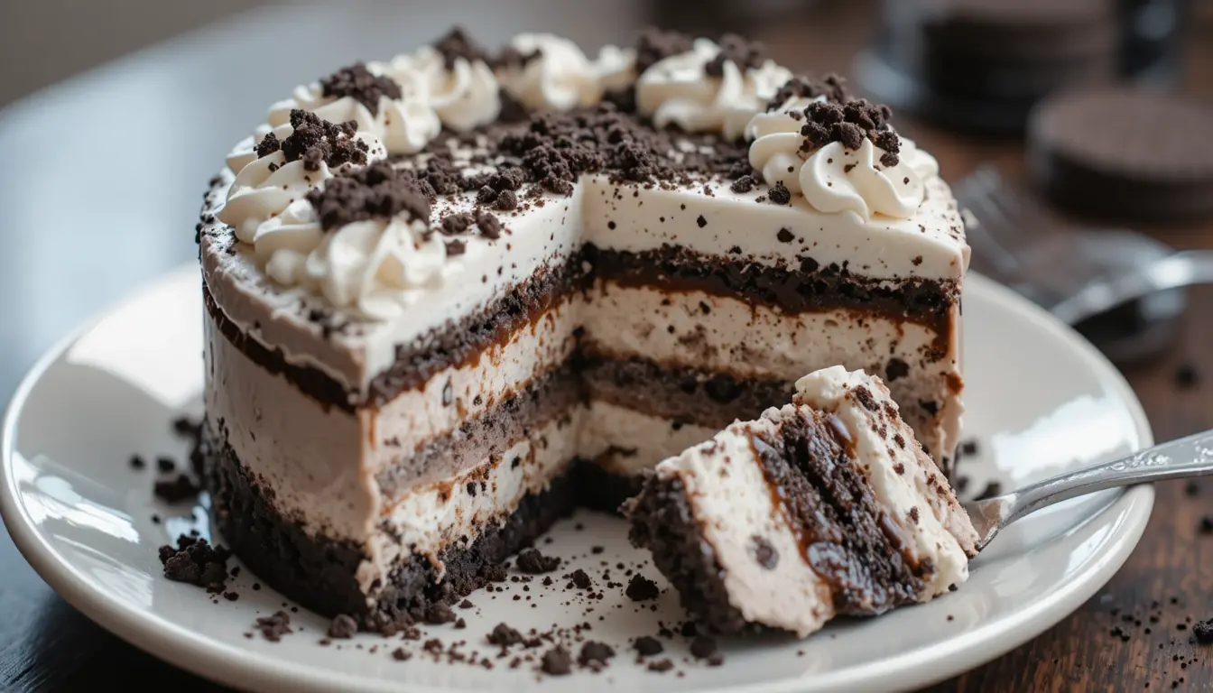 Pressing crushed Oreo cookies into a pan for Oreo ice cream cake recipe crust