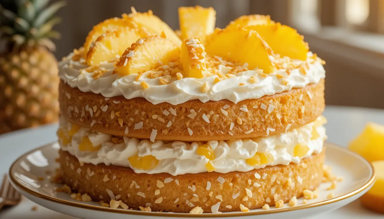 Pineapple coconut dream cake baking in oven