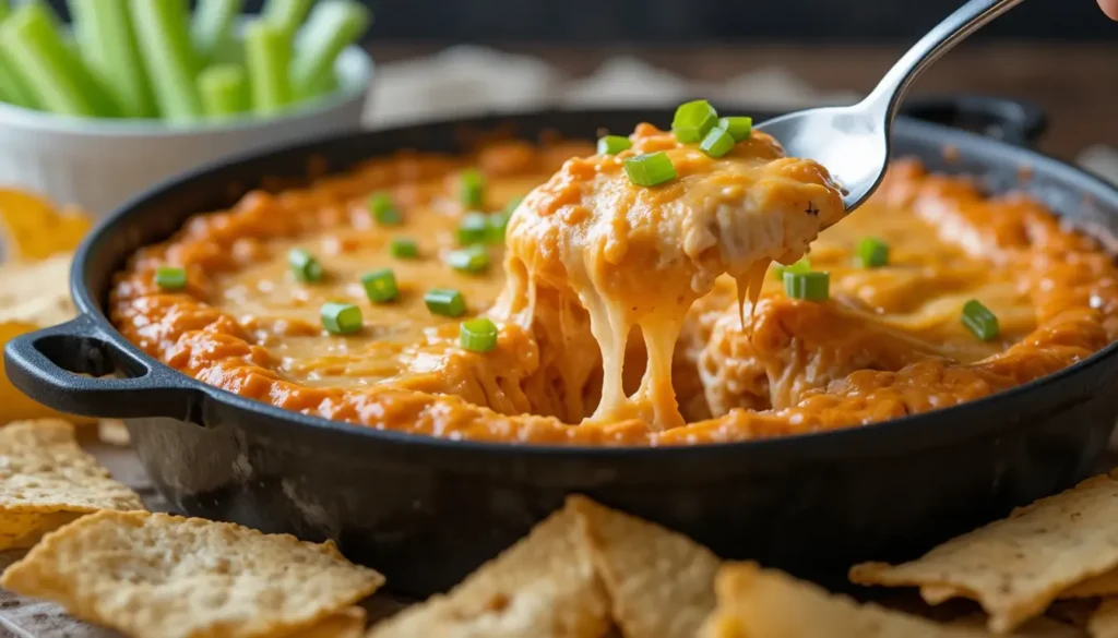 Smoked buffalo chicken dip recipe served in a cast iron skillet with bubbling cheese
