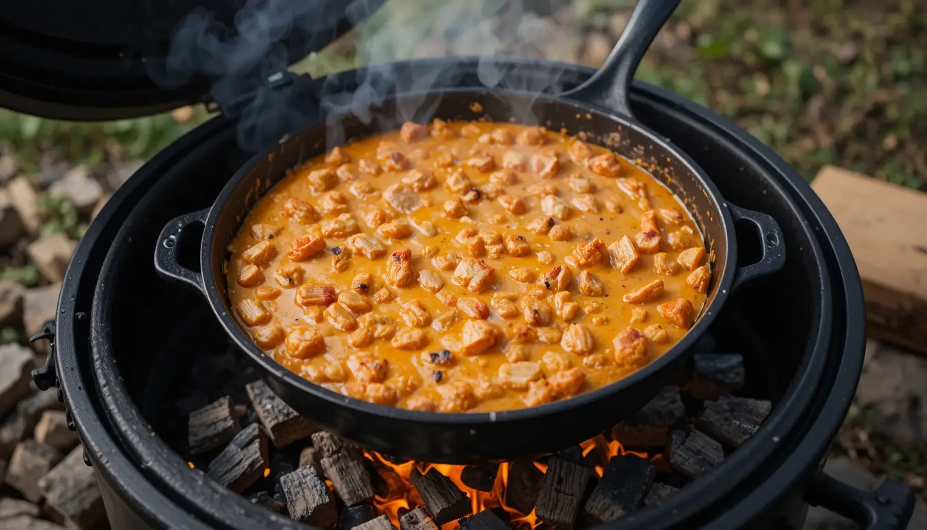 Smoked buffalo chicken dip recipe cooking in a smoker with cheese melting on top