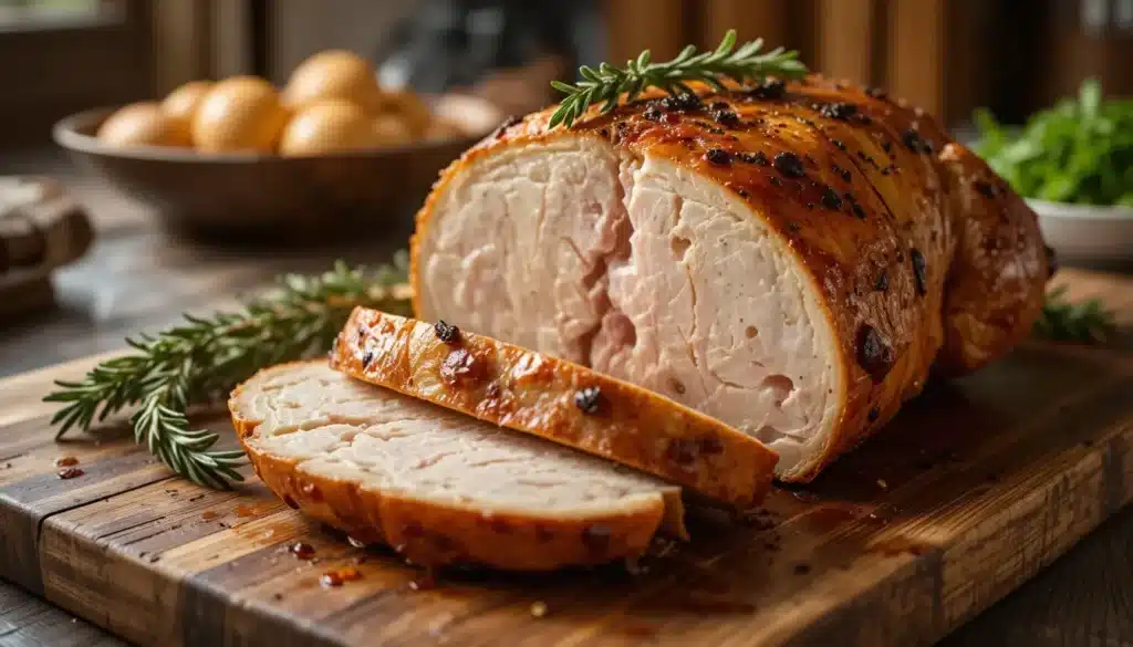 Boneless turkey breast roast sliced and juicy
