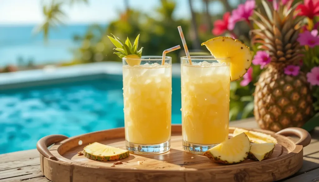 Coconut and pineapple mocktail served with mint and pineapple garnish