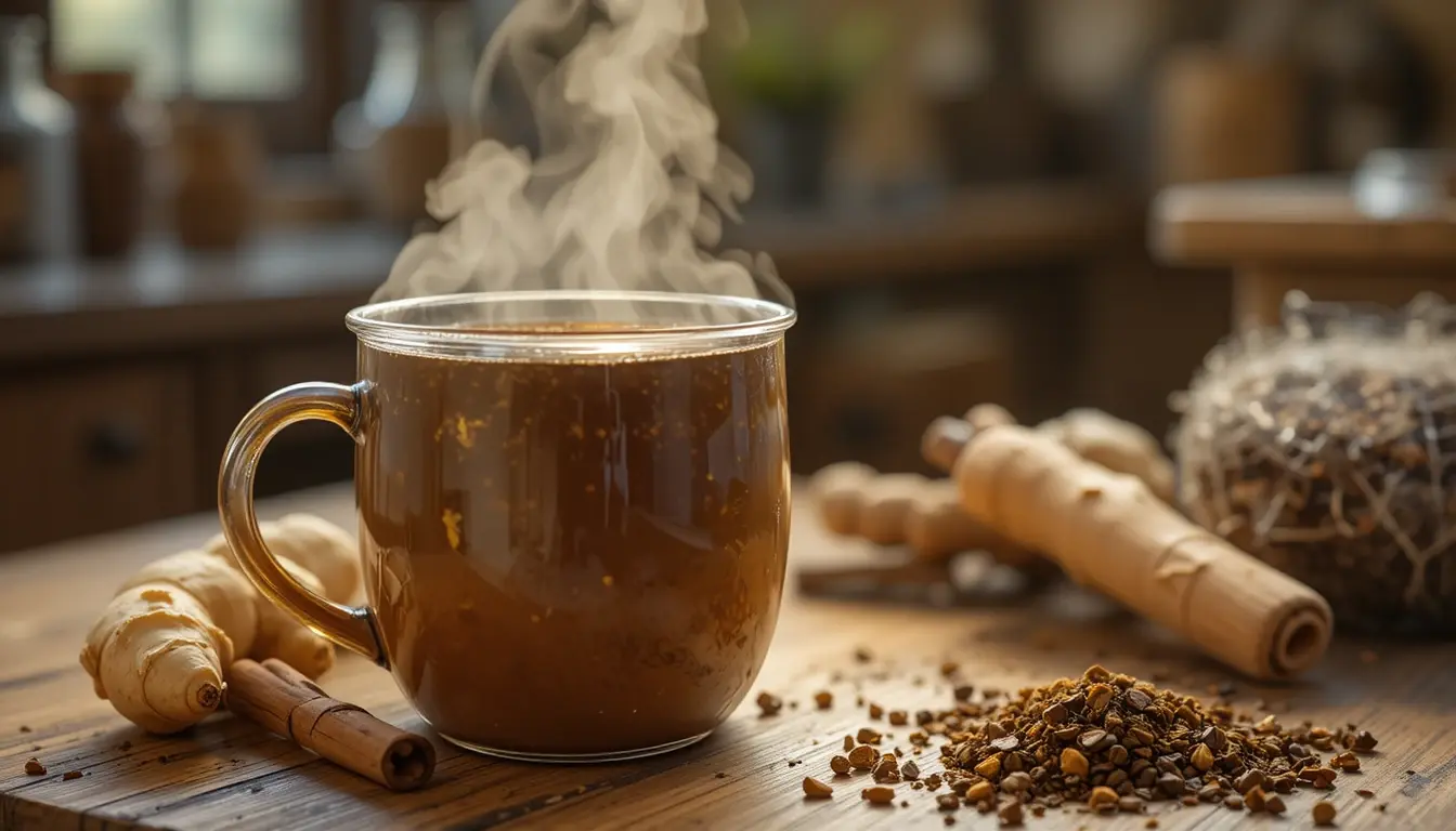 pulhia tea recipe simmering in a saucepan with ginger