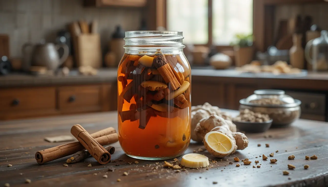Chai Tea Concentrate Recipe in a glass jar on a kitchen counter