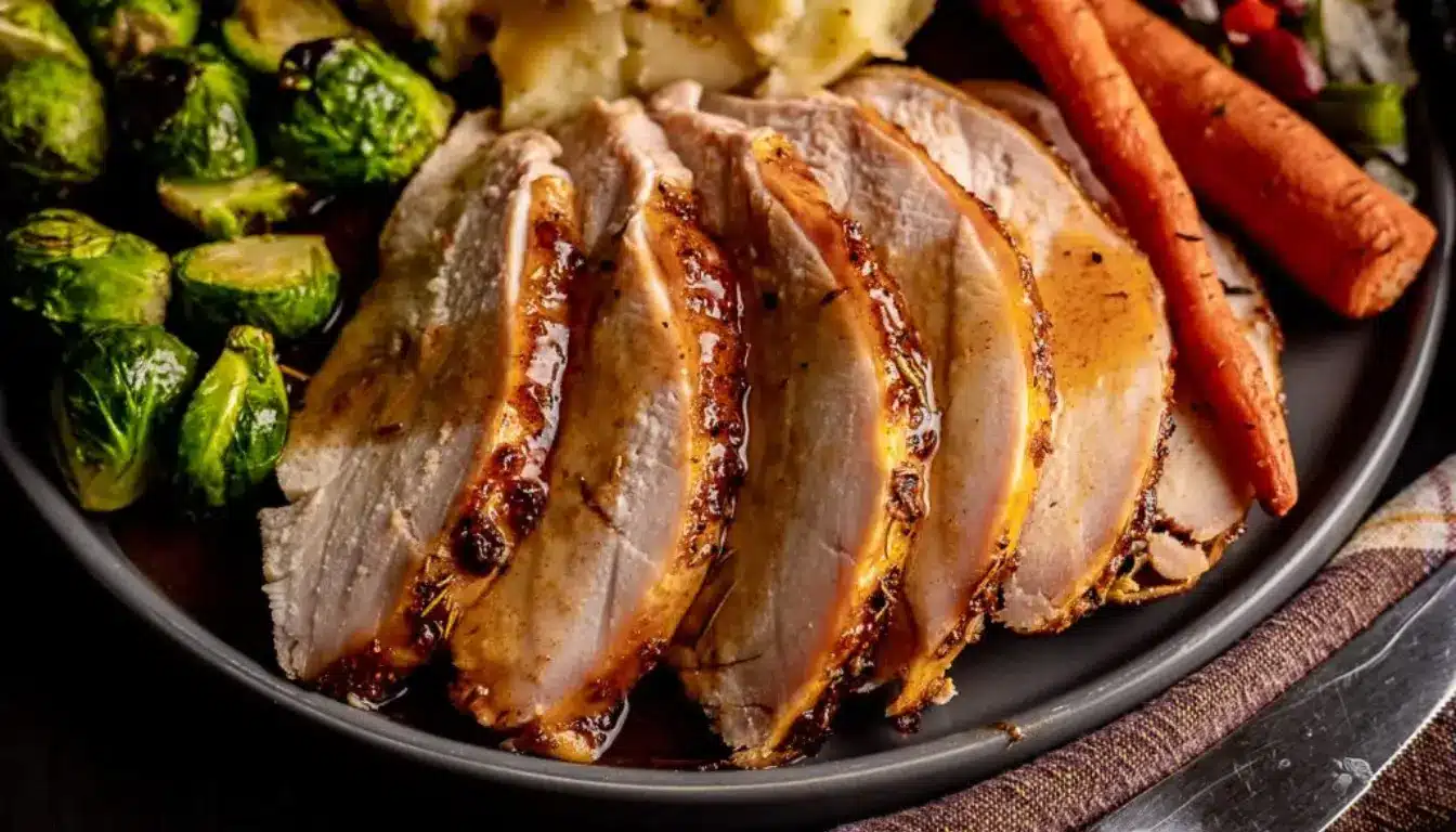 Smoked turkey breast sliced with visible smoke ring