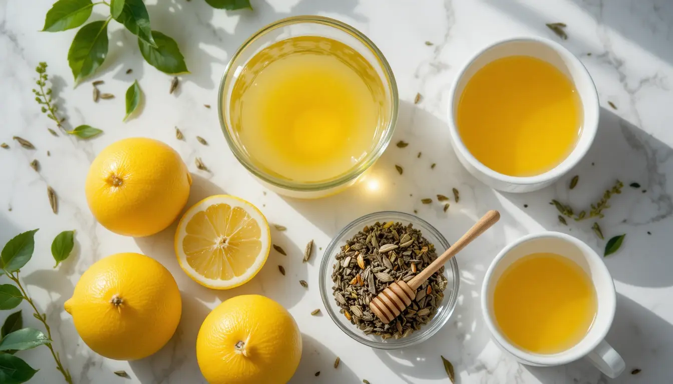 White Tea Shot, The Best Quick Party Drink at Home 9 White Tea Shot ingredients on a board with lemon and honey