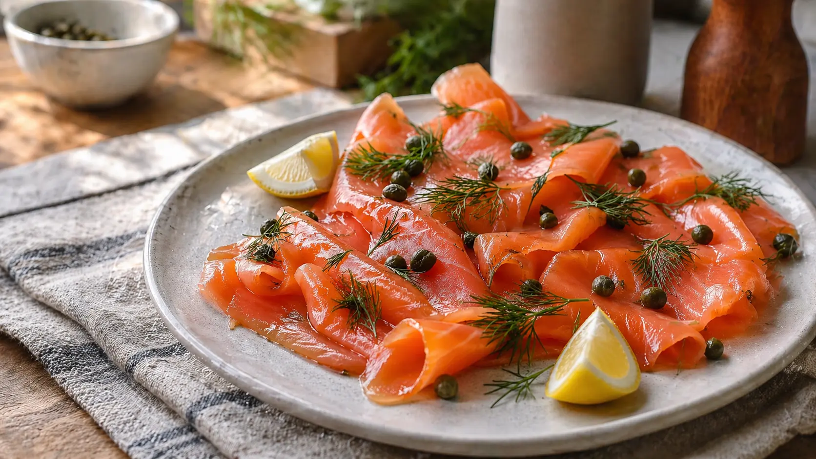 cold smoked salmon on a platter with lemon and dill