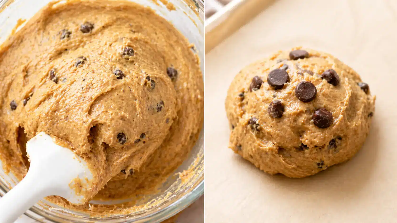 scooping banana protein cookies dough onto a baking sheet