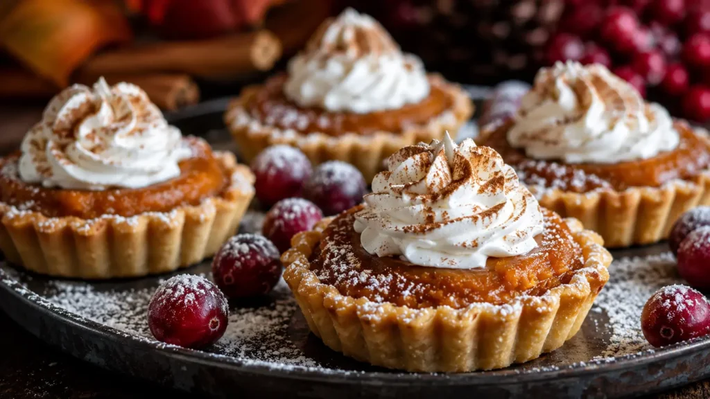 Home Page 3 Mini pumpkin pies with whipped cream on a rustic fall dessert table