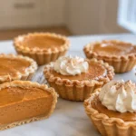 Cut-open mini pumpkin pies showing creamy spiced pumpkin filling