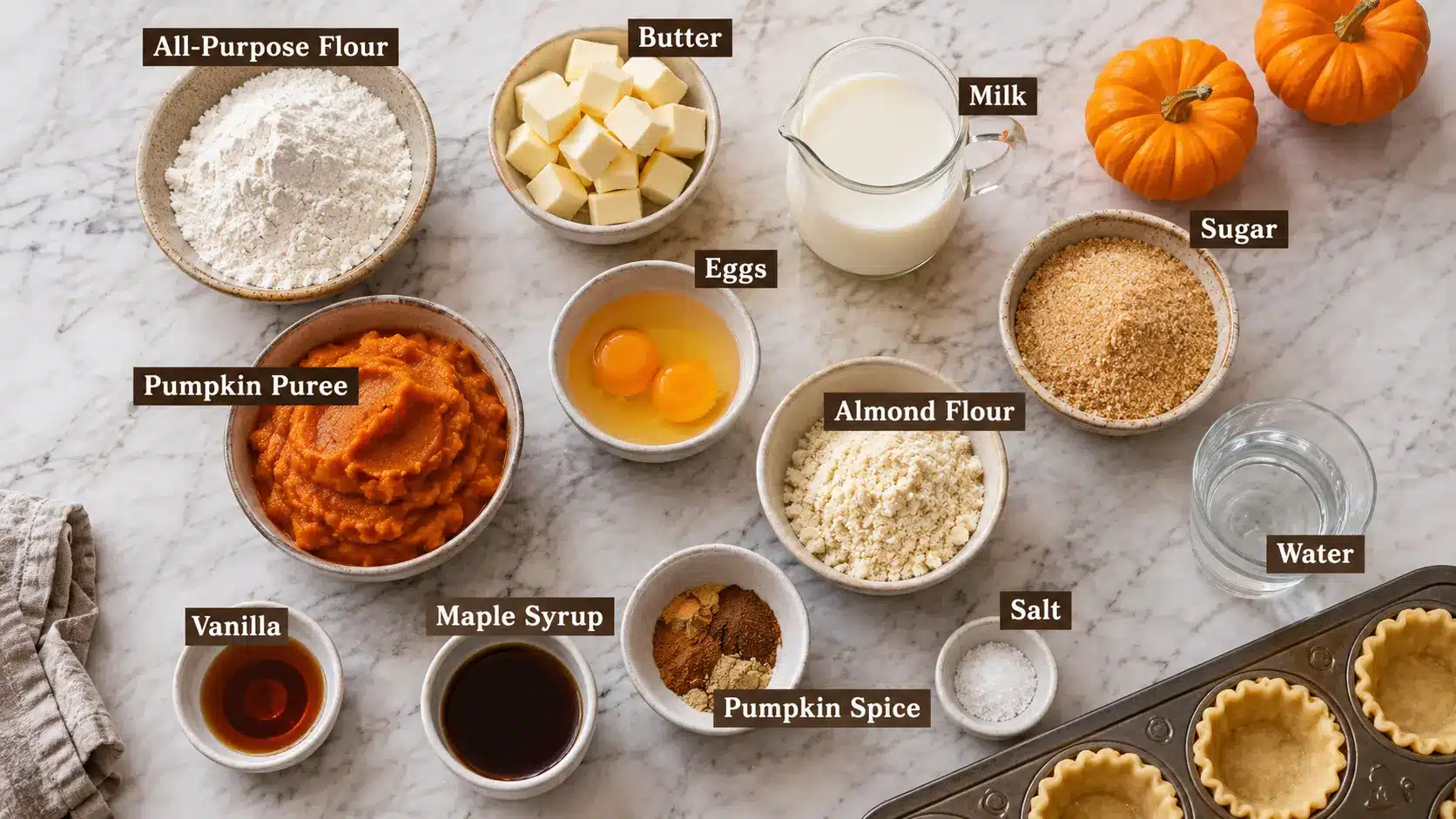 Ingredients for mini pumpkin pies arranged beside a muffin tin