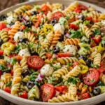 Italian pasta salad serving with rotini, mozzarella, vegetables, and fresh basil
