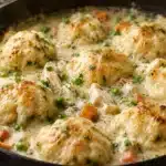 serving bowl of homemade chicken and dumplings with crusty bread