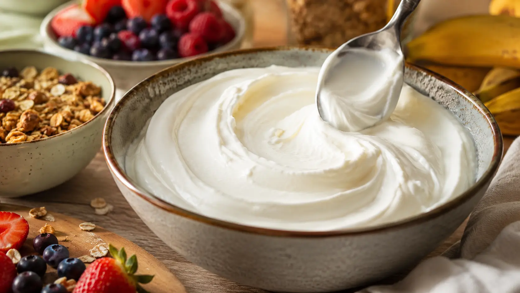 Greek Yogurt Protein bowl being prepared with plain Greek yogurt