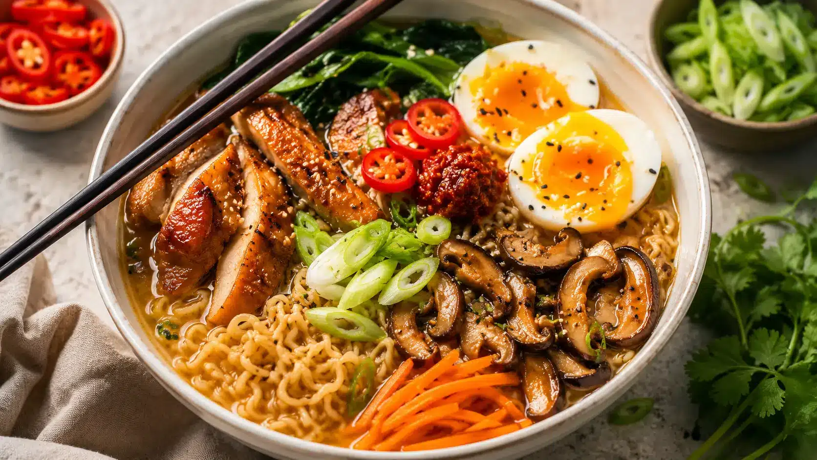 Chicken Ramen Recipe: Quick Homemade Comfort Bowl 11 two chicken ramen recipe bowls topped with egg spring onions carrot strips and chili oil