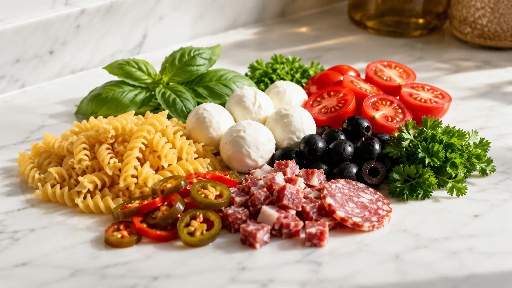 Italian Pasta Salad: Easy Zesty Favorite for Every Summer Table 9 Italian pasta salad ingredients with rotini, fresh vegetables, cheese, and dressing items