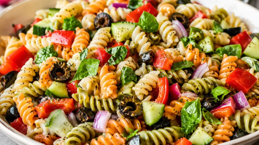 Home Page 2 Italian pasta salad with rotini, vegetables, mozzarella, and zesty dressing