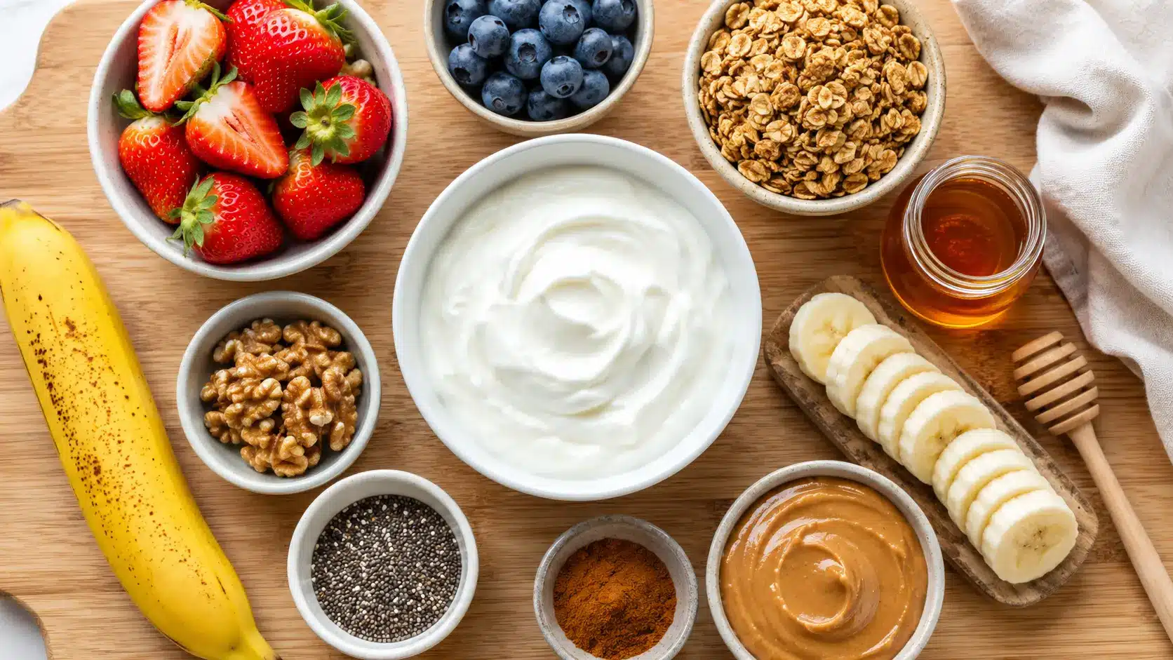 Greek Yogurt Protein ingredients with fruit, granola, nuts, and honey