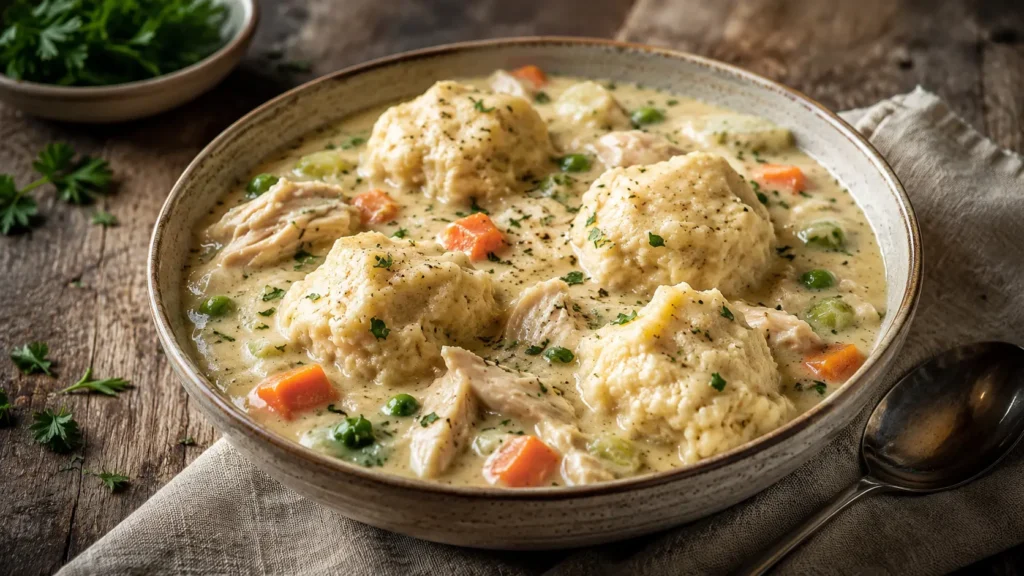 Home Page 1 chicken and dumplings recipe in a white bowl with parsley garnish