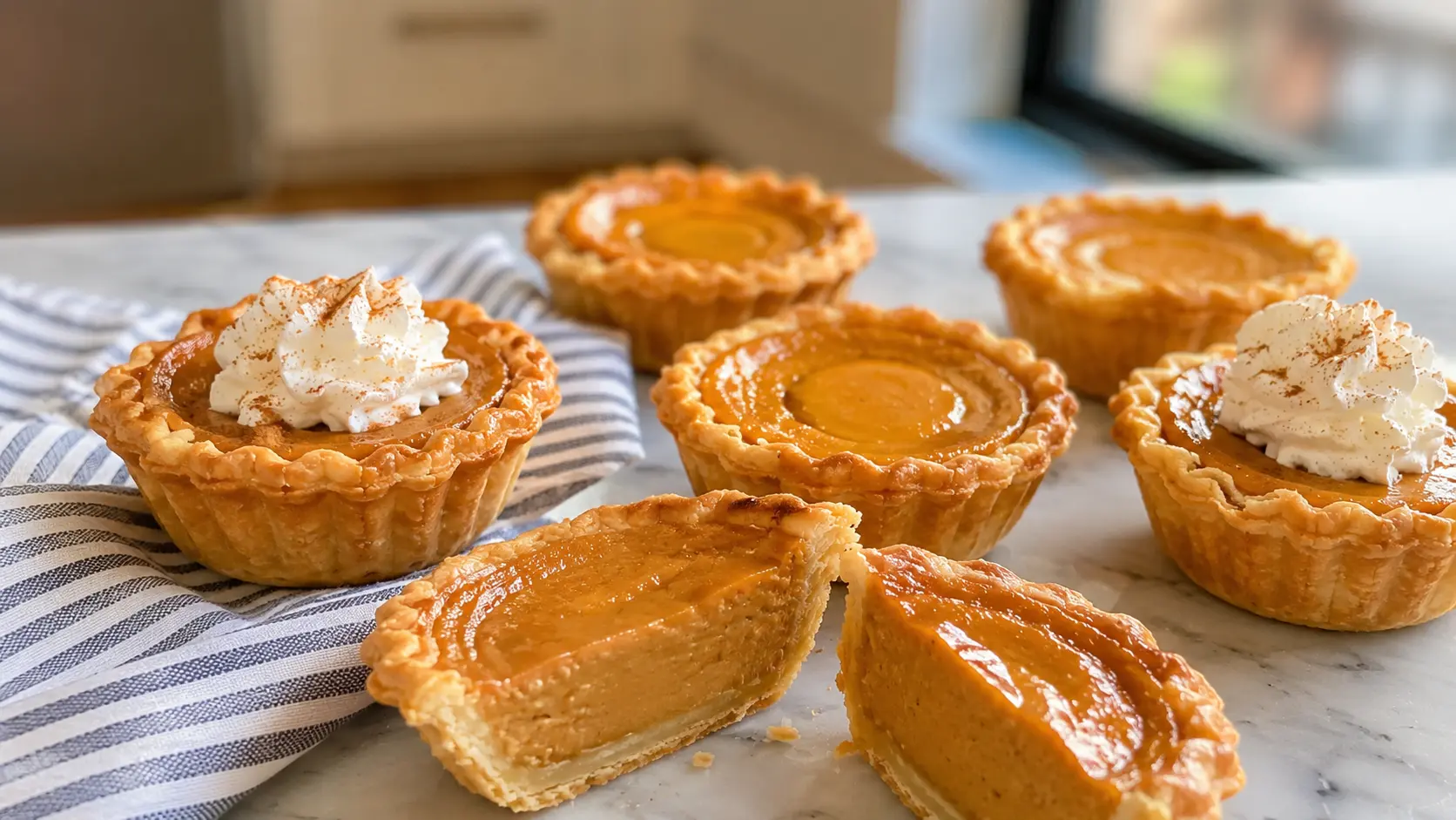 Mini pumpkin pies served with whipped cream and toasted pecans