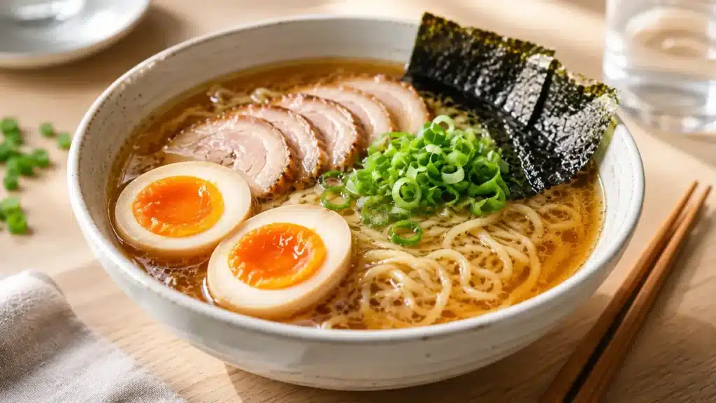 Ramen Broth Recipe served with noodles and toppings