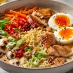 overhead view of finished chicken ramen recipe with all toppings for recipe card