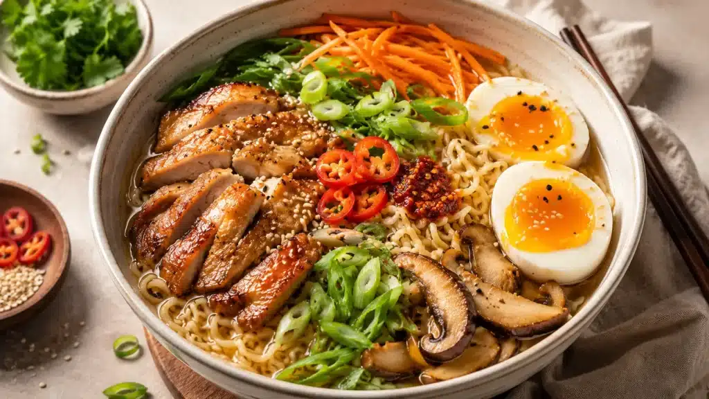 chicken ramen recipe bowl with shredded chicken spring onions and soft-boiled egg