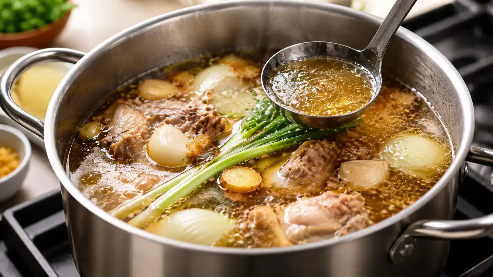 Simmering Ramen Broth Recipe with chicken and aromatics