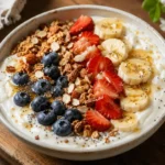 Greek Yogurt Protein recipe card image with berries and granola